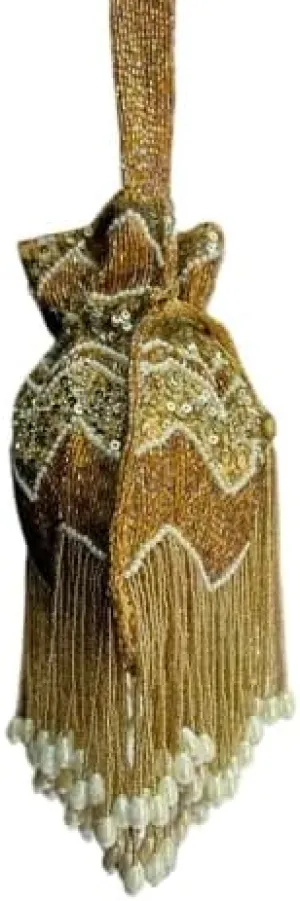 Decorative Beaded Indian Wedding Bag – Gold Embroidered Bridal Potli Purse with Tassels | Handmade Evening Handbag for Women