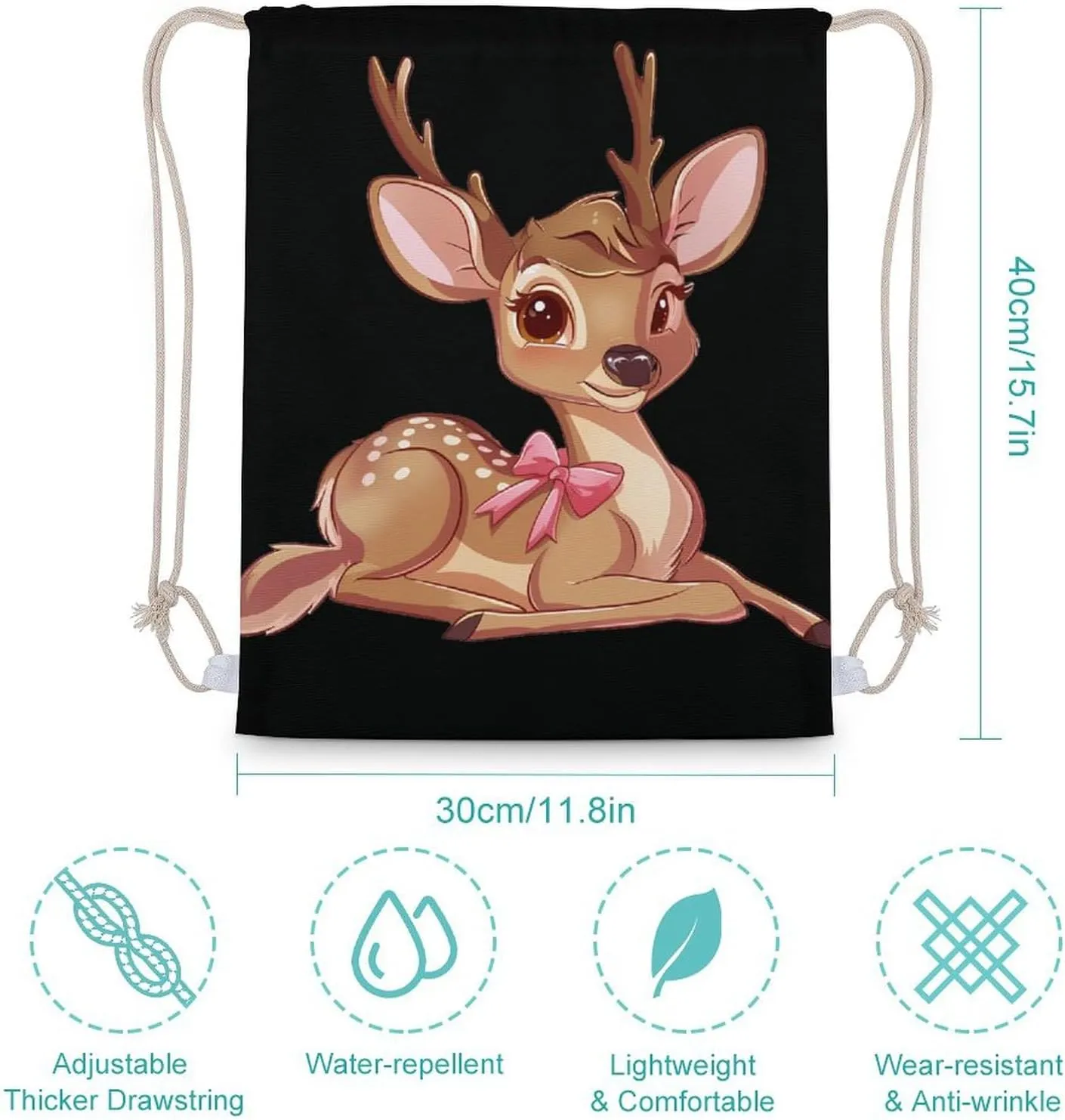 Deer Drawstring Backpack Canvas Double Shoulder Bag String Bag Sports Gym Bag for Men Women 30x40cm