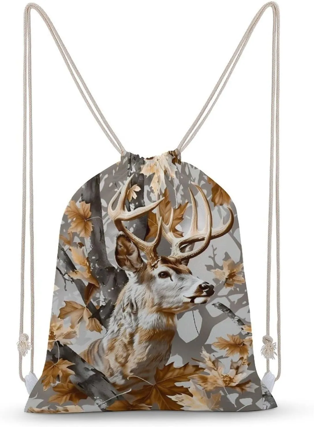 Deer Hunting Camouflage Drawstring Backpack Travel String Shoulder Bag Canvas Sport Sackpack for Gym Shopping Yoga