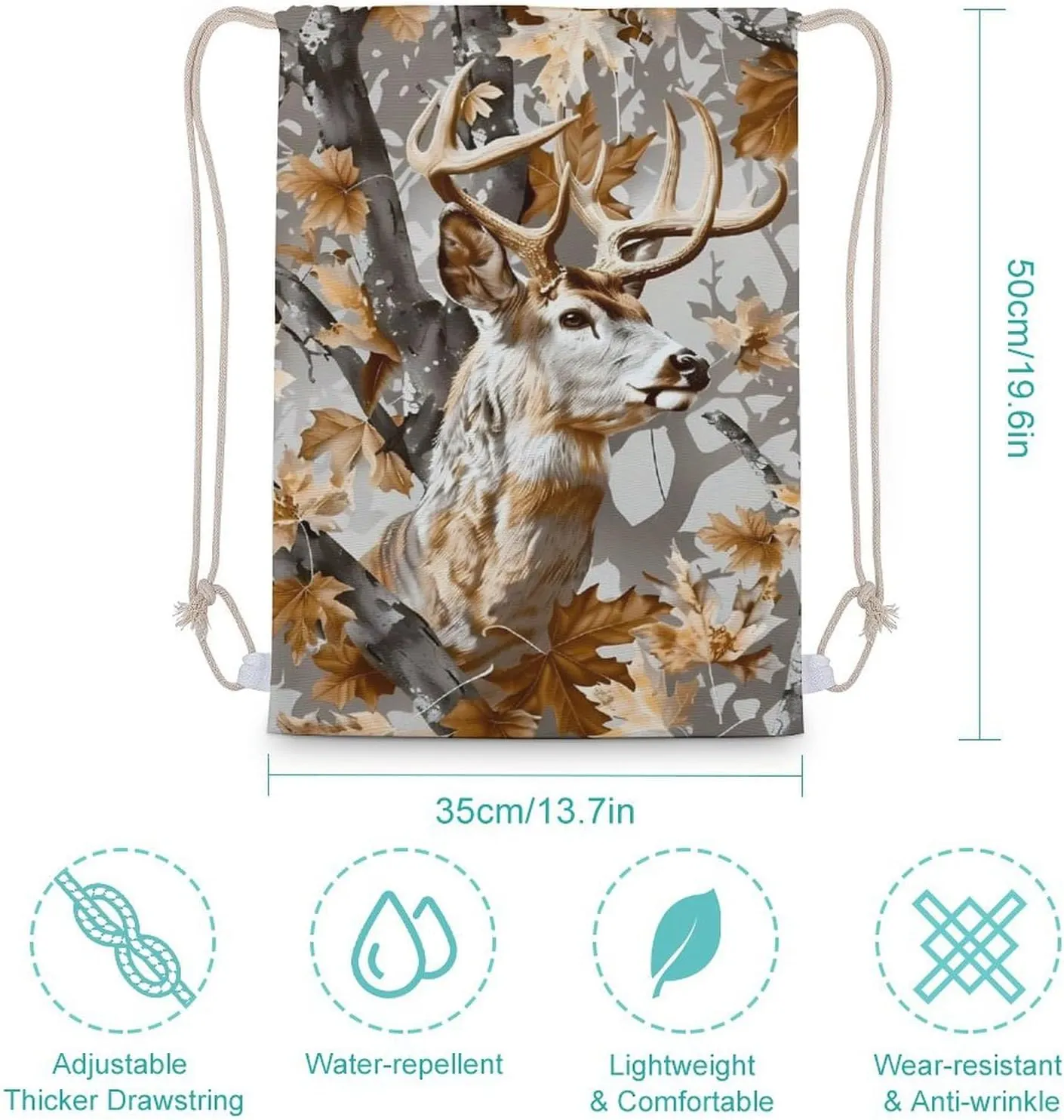 Deer Hunting Camouflage Drawstring Backpack Travel String Shoulder Bag Canvas Sport Sackpack for Gym Shopping Yoga