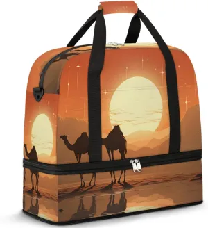Desert Camels Travel Duffel Bag for Women Men Weekender Overnight Bag with Shoe Compartment Foldable Sports Gym Luggage Bag