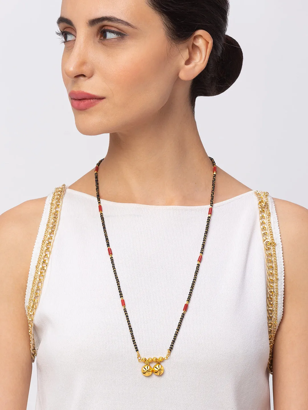 Digital Dress Room One Gram Gold Plated Long Mangalsutra मंगलसूत्र Latest Design Tanmaniya/Long Gold Chain/Black Red Beads Vati Pendant New Mangalsutra Designs For Women (29 Inches)