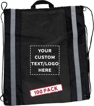 DISCOUNT PROMOS Custom Large Reflector Drawstring Backpacks Set of 100, Personalized Bulk Pack - Bring Everywhere You Go, Perfect for Travellers and Great for Everyday Use - Black
