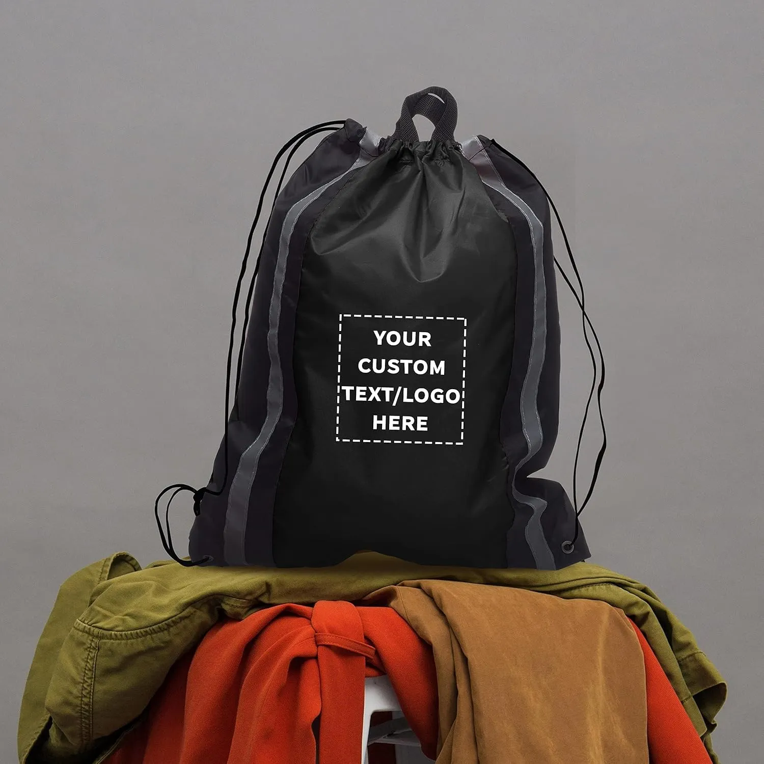 DISCOUNT PROMOS Custom Large Reflector Drawstring Backpacks Set of 100, Personalized Bulk Pack - Bring Everywhere You Go, Perfect for Travellers and Great for Everyday Use - Black