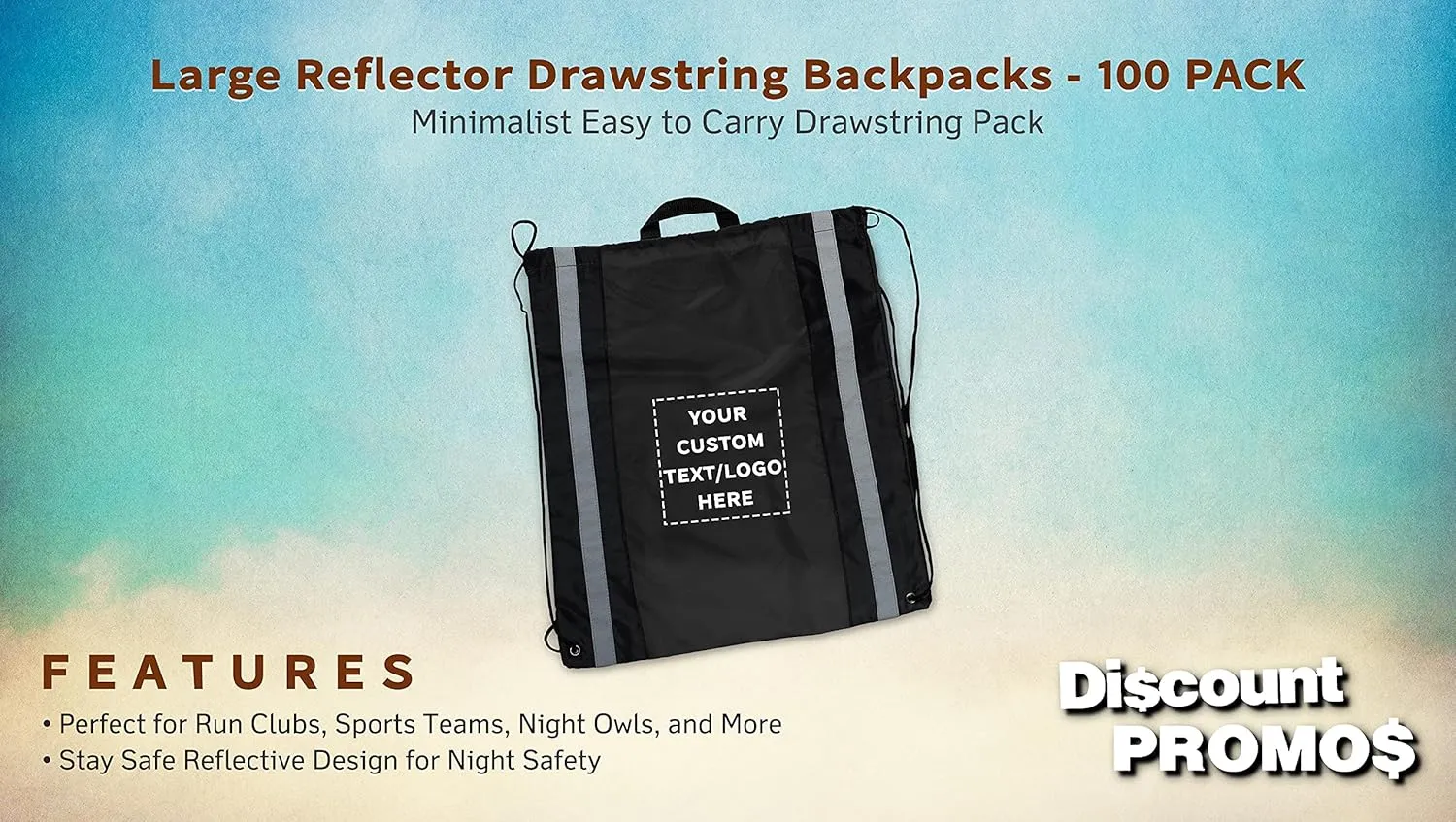 DISCOUNT PROMOS Custom Large Reflector Drawstring Backpacks Set of 100, Personalized Bulk Pack - Bring Everywhere You Go, Perfect for Travellers and Great for Everyday Use - Black