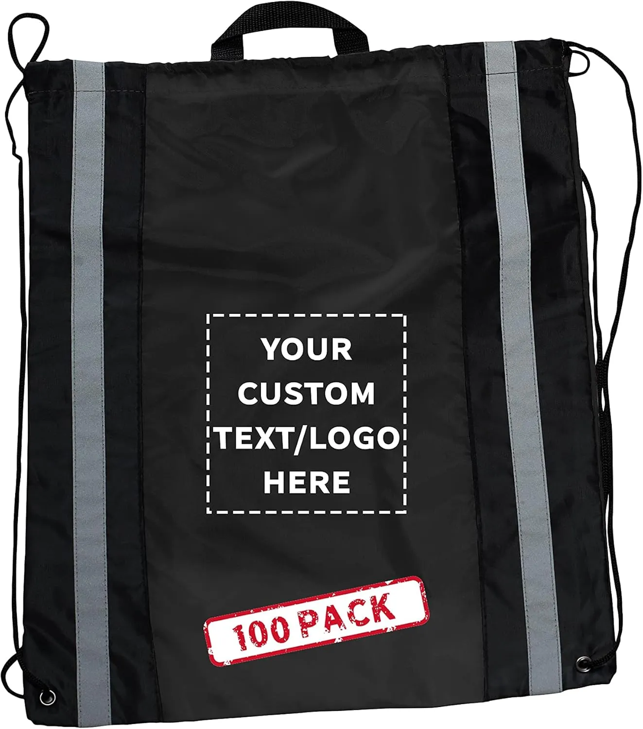 DISCOUNT PROMOS Custom Large Reflector Drawstring Backpacks Set of 100, Personalized Bulk Pack - Bring Everywhere You Go, Perfect for Travellers and Great for Everyday Use - Black