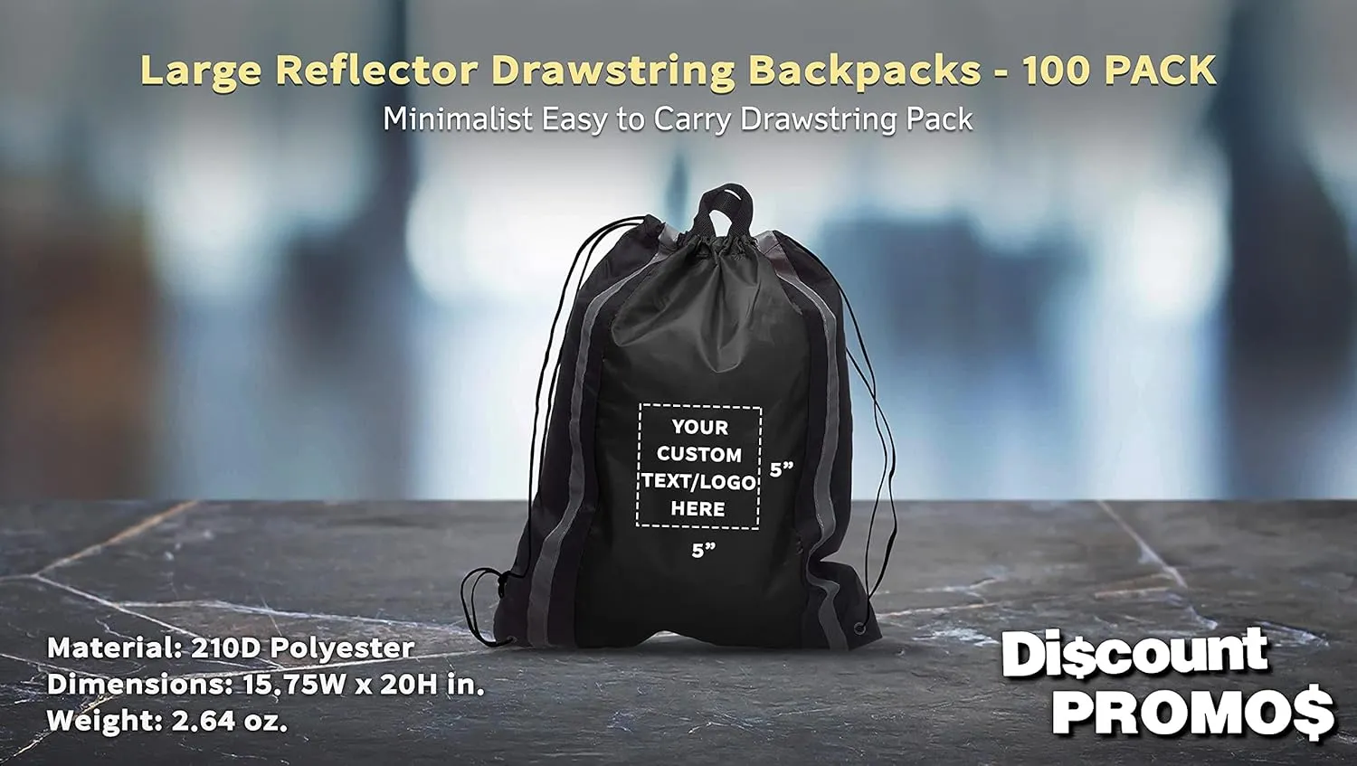 DISCOUNT PROMOS Custom Large Reflector Drawstring Backpacks Set of 100, Personalized Bulk Pack - Bring Everywhere You Go, Perfect for Travellers and Great for Everyday Use - Black