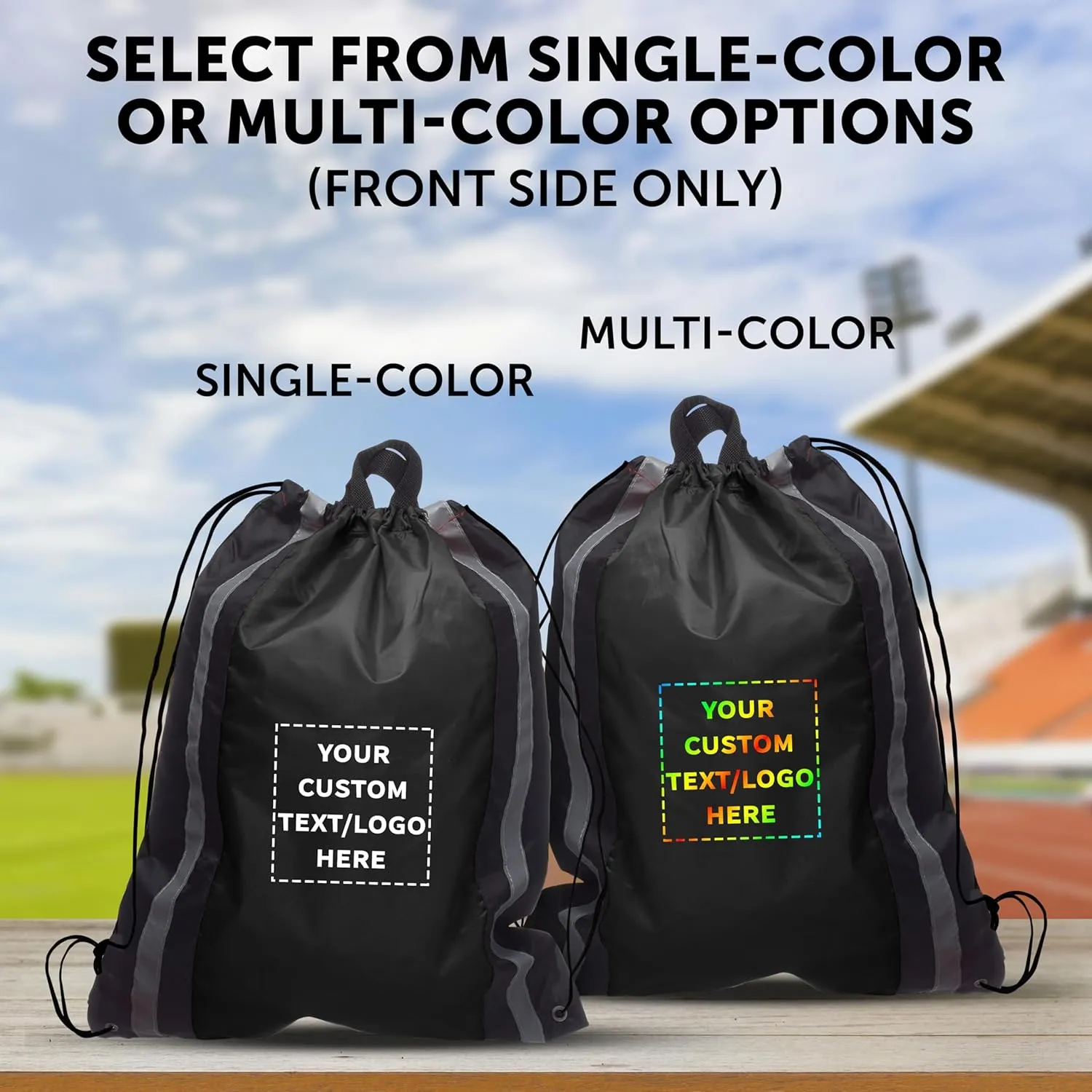 DISCOUNT PROMOS Custom Large Reflector Drawstring Backpacks Set of 100, Personalized Bulk Pack - Bring Everywhere You Go, Perfect for Travellers and Great for Everyday Use - Black