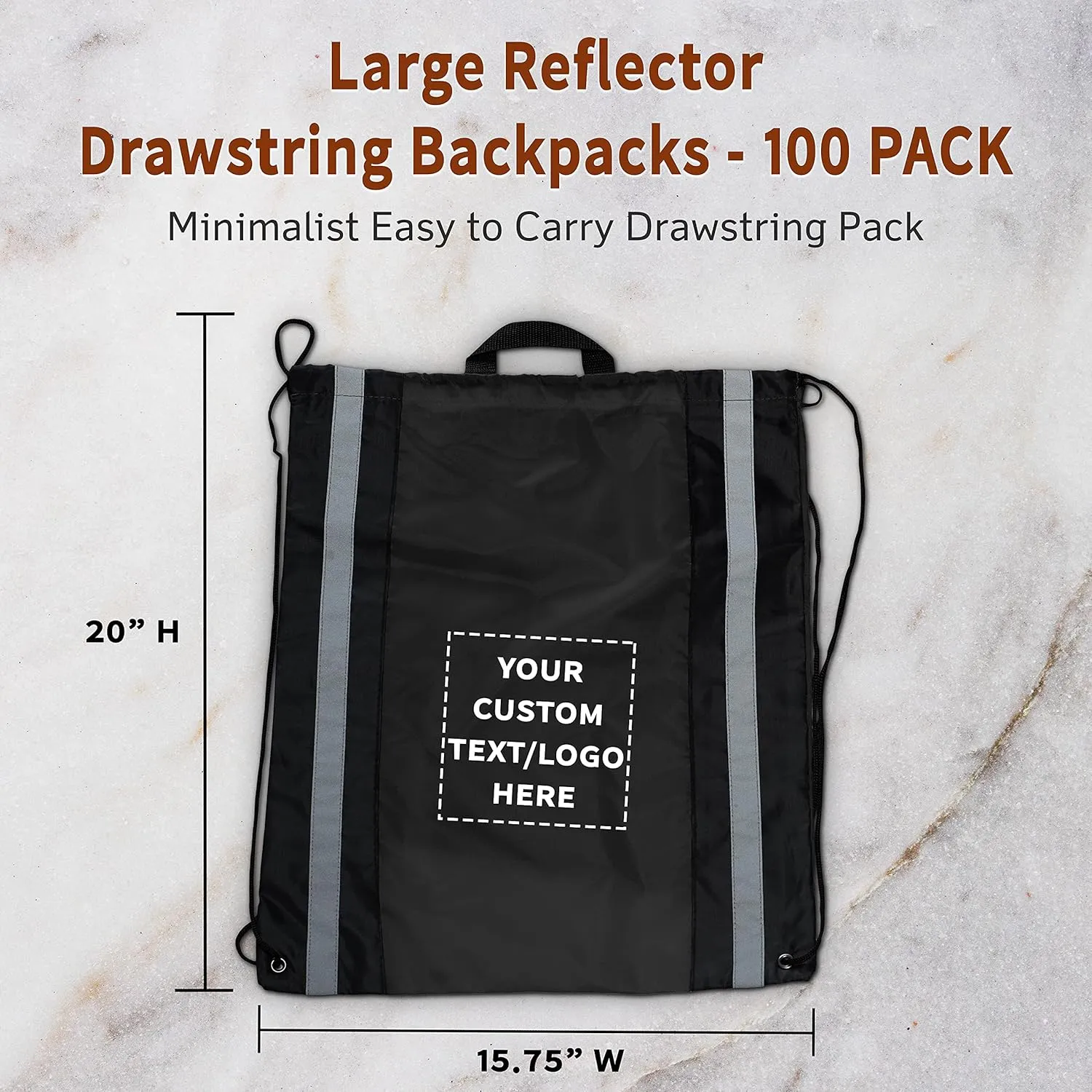 DISCOUNT PROMOS Custom Large Reflector Drawstring Backpacks Set of 100, Personalized Bulk Pack - Bring Everywhere You Go, Perfect for Travellers and Great for Everyday Use - Black