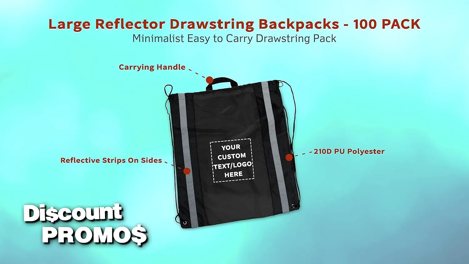 DISCOUNT PROMOS Custom Large Reflector Drawstring Backpacks Set of 100, Personalized Bulk Pack - Bring Everywhere You Go, Perfect for Travellers and Great for Everyday Use - Black