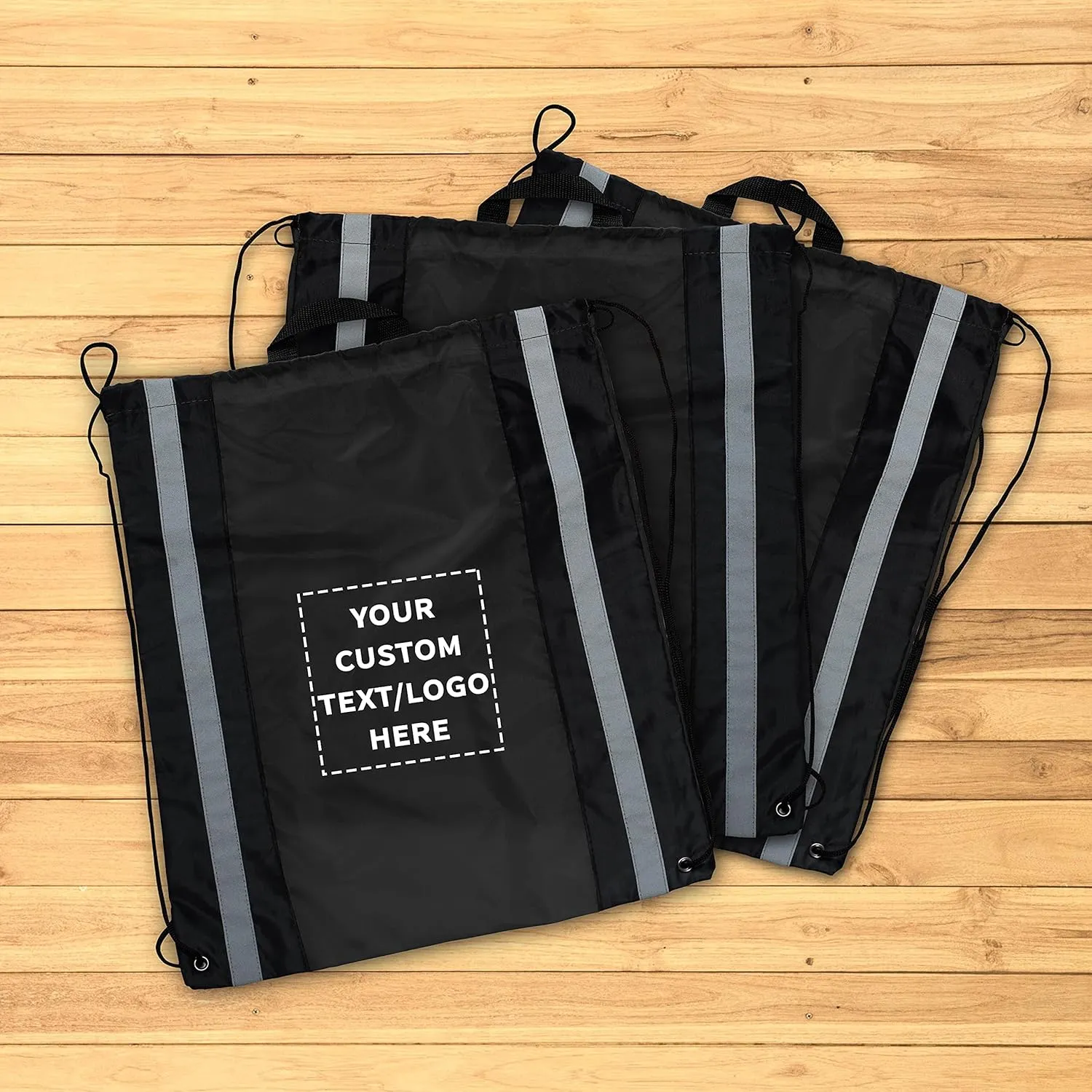 DISCOUNT PROMOS Custom Large Reflector Drawstring Backpacks Set of 100, Personalized Bulk Pack - Bring Everywhere You Go, Perfect for Travellers and Great for Everyday Use - Black