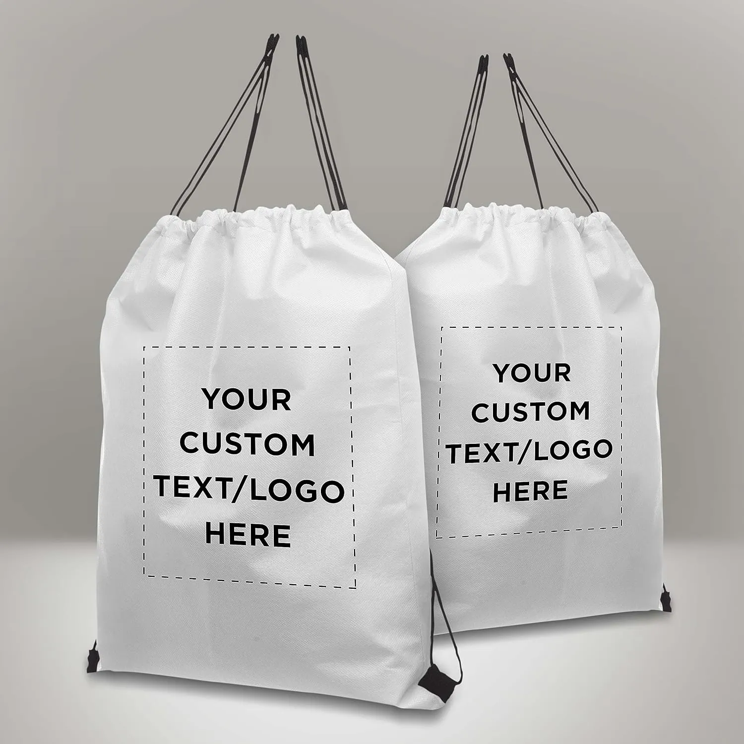 DISCOUNT PROMOS Custom Non-Woven Drawstring Backpacks Set of 100, Personalized Bulk Pack - Bring Everywhere You Go, Great for Travelling, Gym and for Everyday Use - White