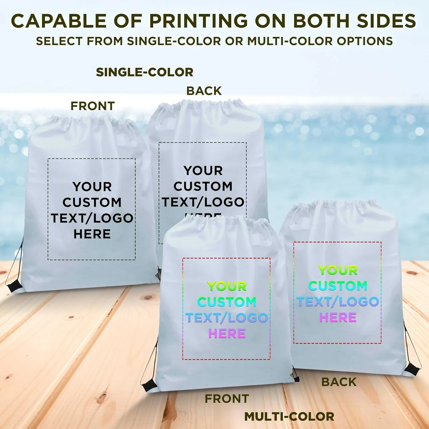 DISCOUNT PROMOS Custom Non-Woven Drawstring Backpacks Set of 100, Personalized Bulk Pack - Bring Everywhere You Go, Great for Travelling, Gym and for Everyday Use - White