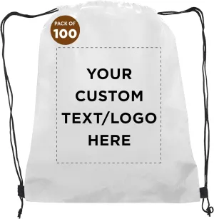 DISCOUNT PROMOS Custom Non-Woven Drawstring Backpacks Set of 100, Personalized Bulk Pack - Bring Everywhere You Go, Great for Travelling, Gym and for Everyday Use - White