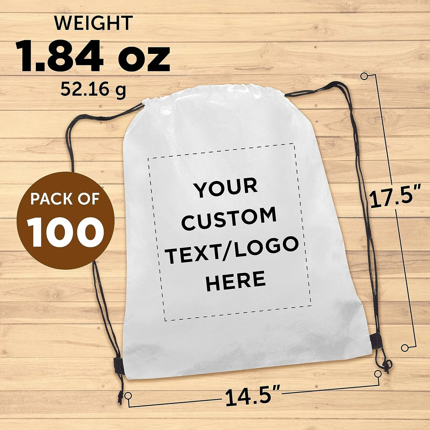 DISCOUNT PROMOS Custom Non-Woven Drawstring Backpacks Set of 100, Personalized Bulk Pack - Bring Everywhere You Go, Great for Travelling, Gym and for Everyday Use - White