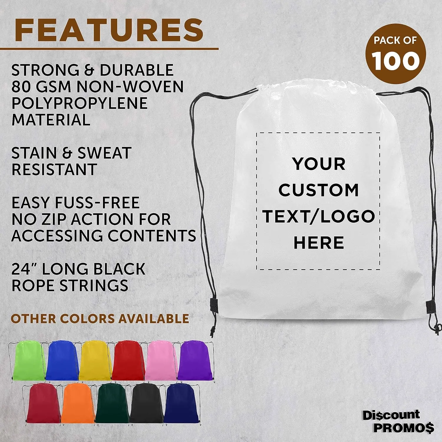DISCOUNT PROMOS Custom Non-Woven Drawstring Backpacks Set of 100, Personalized Bulk Pack - Bring Everywhere You Go, Great for Travelling, Gym and for Everyday Use - White