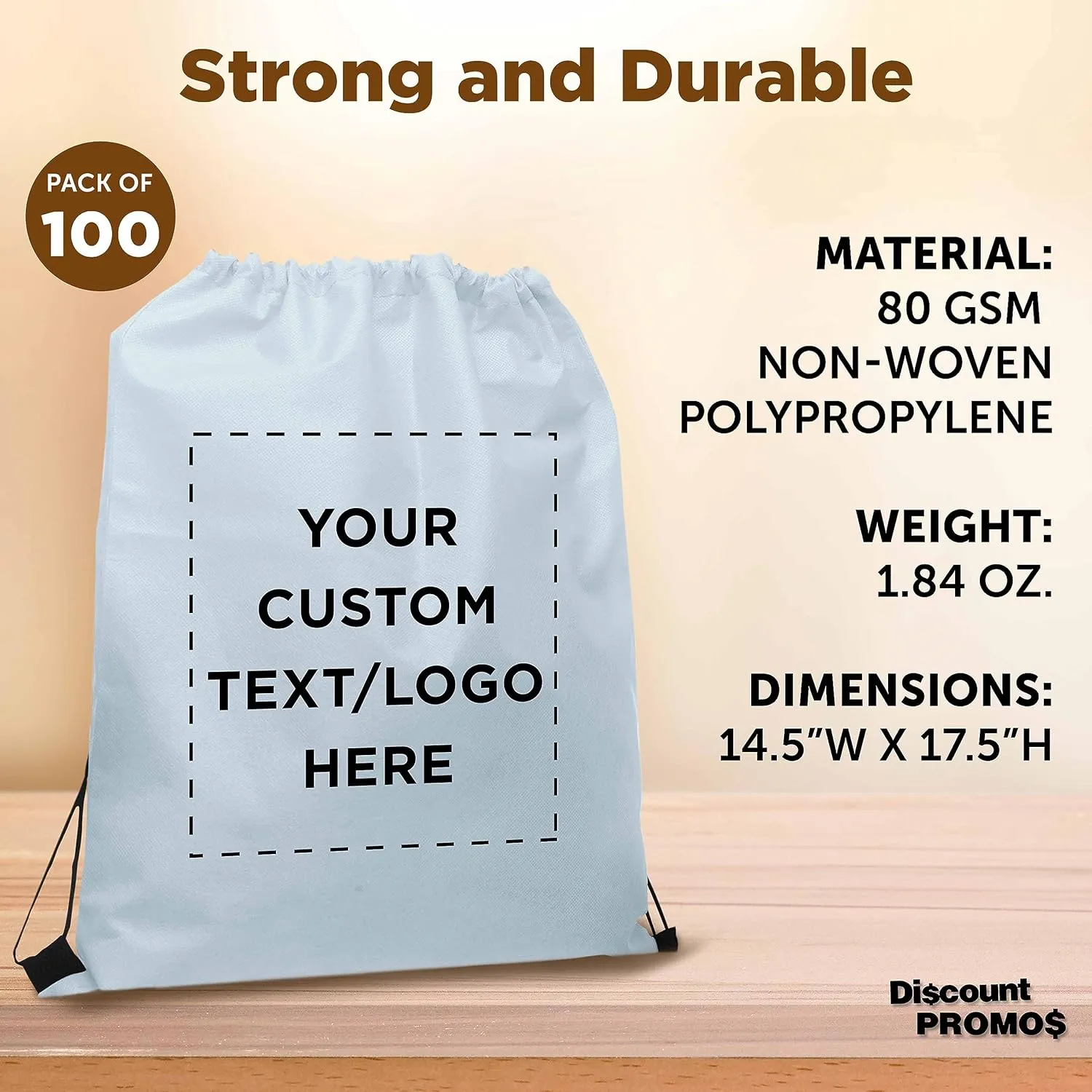 DISCOUNT PROMOS Custom Non-Woven Drawstring Backpacks Set of 100, Personalized Bulk Pack - Bring Everywhere You Go, Great for Travelling, Gym and for Everyday Use - White