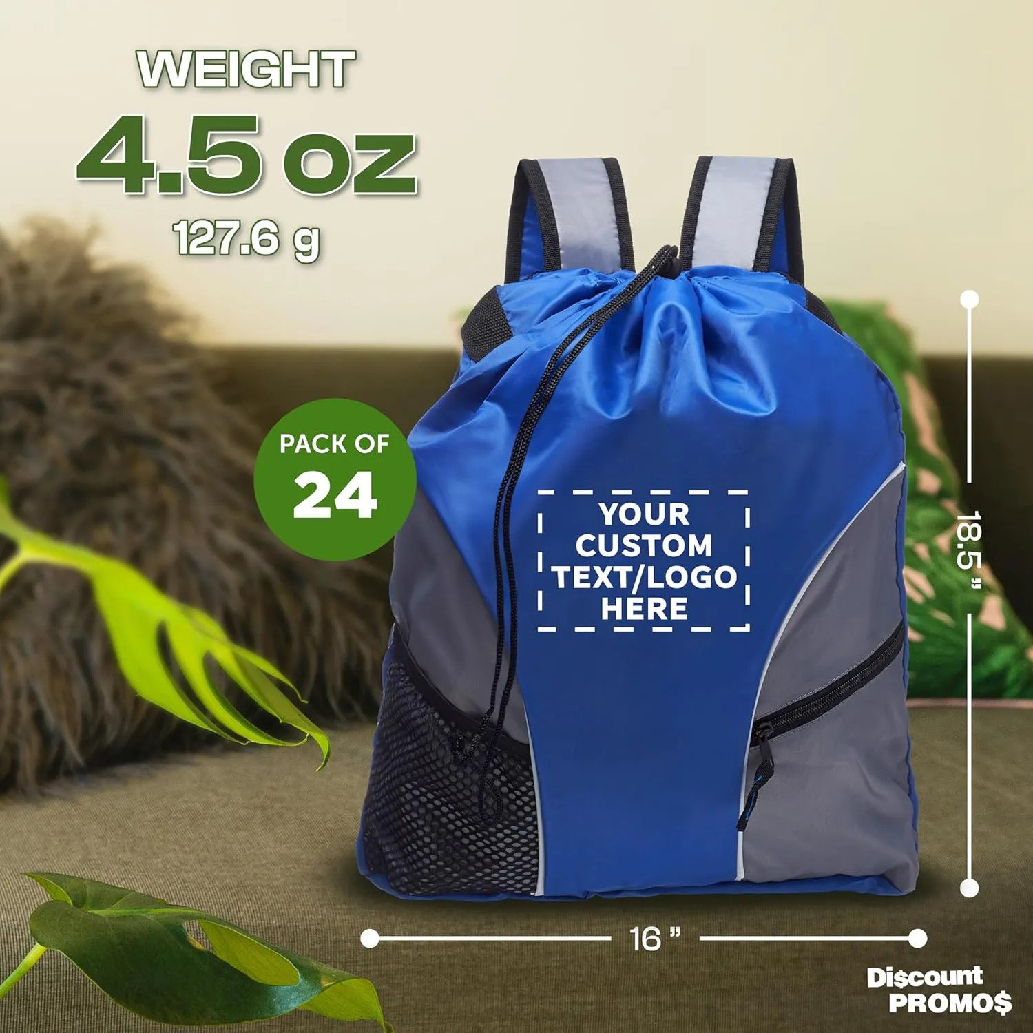DISCOUNT PROMOS Custom Sporter Drawstring Backpacks Set of 24, Personalized Bulk Pack - Cinch Bag, Gym Bag, Travel Backpack, Compact and Lightweight, Unisex Backpack - Blue
