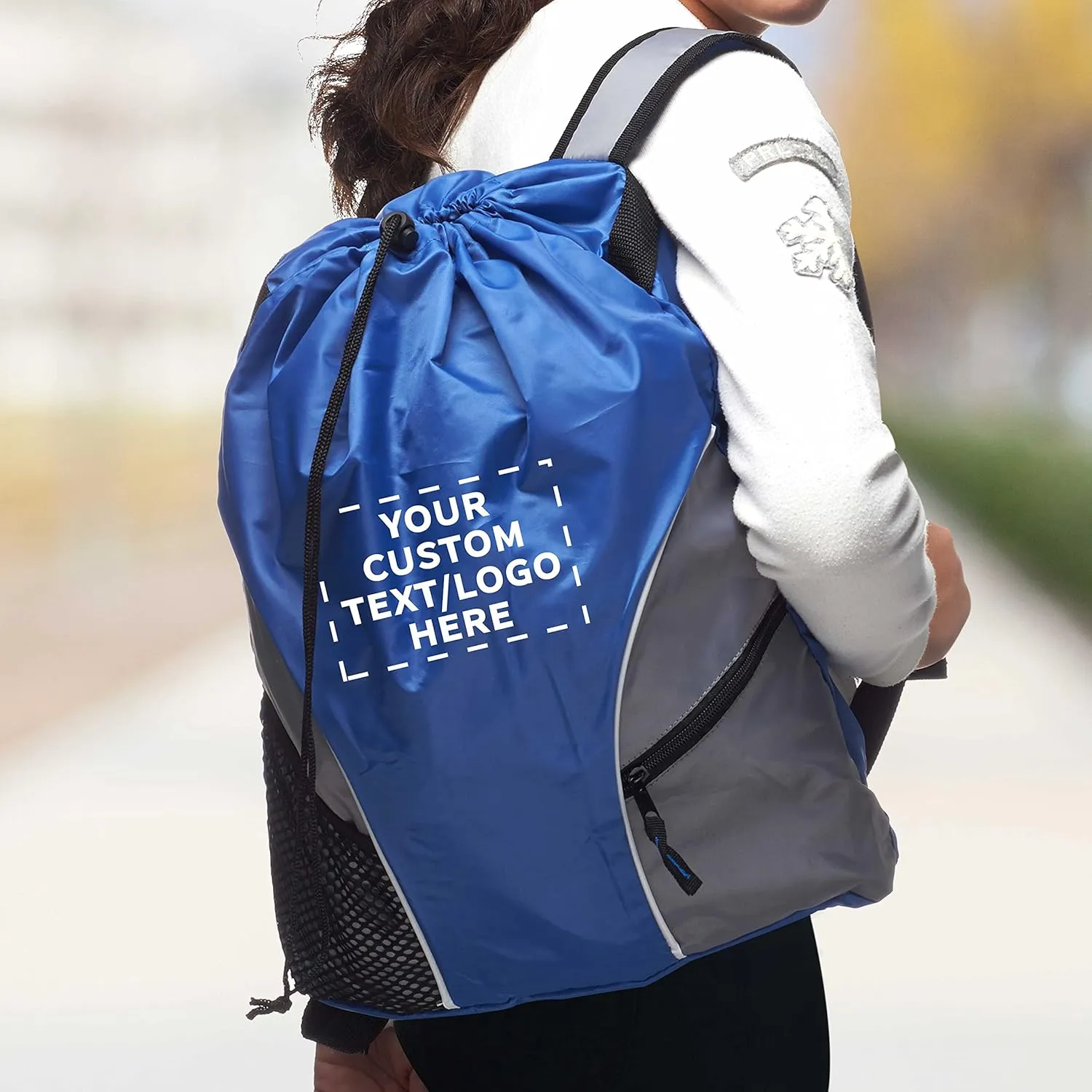 DISCOUNT PROMOS Custom Sporter Drawstring Backpacks Set of 24, Personalized Bulk Pack - Cinch Bag, Gym Bag, Travel Backpack, Compact and Lightweight, Unisex Backpack - Blue