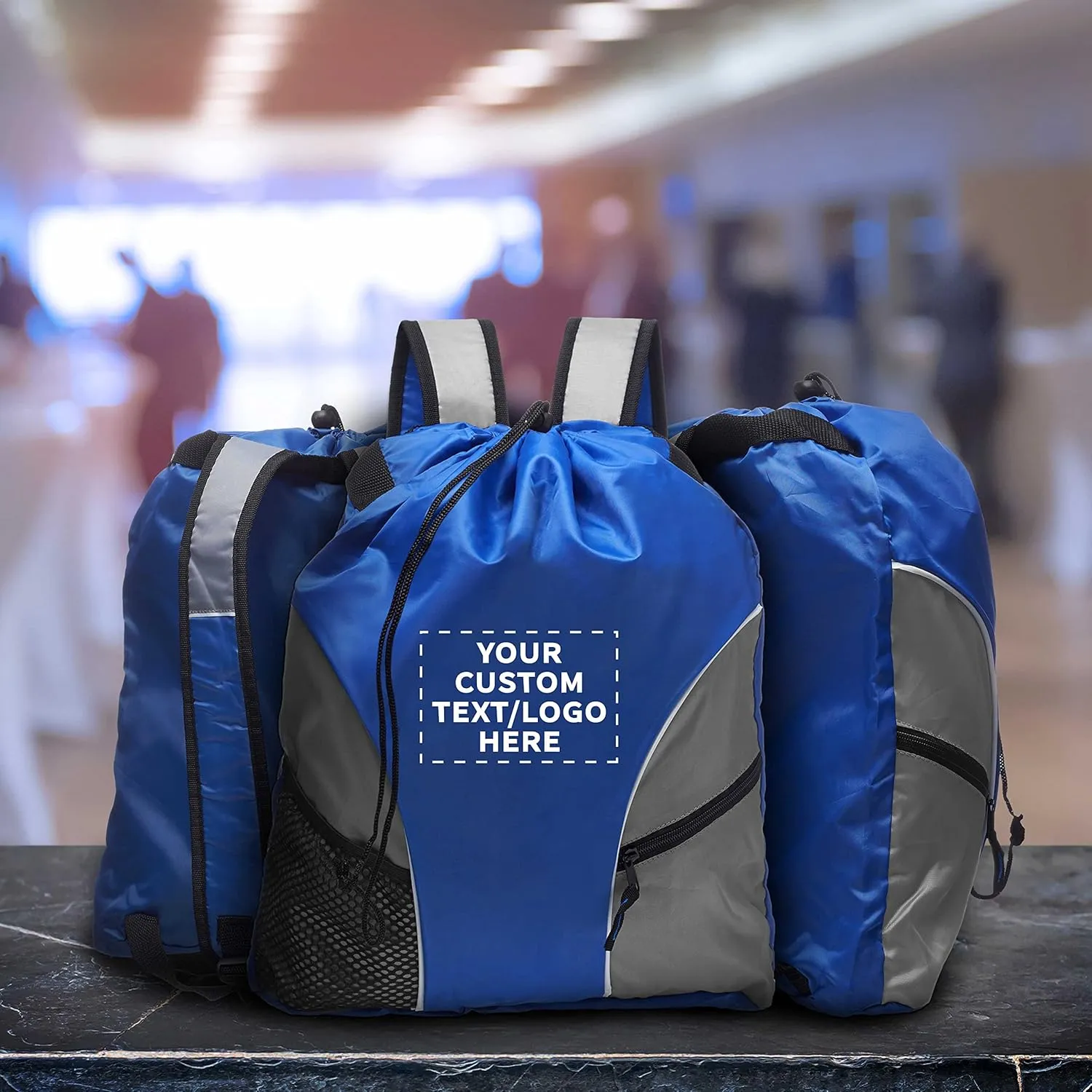 DISCOUNT PROMOS Custom Sporter Drawstring Backpacks Set of 24, Personalized Bulk Pack - Cinch Bag, Gym Bag, Travel Backpack, Compact and Lightweight, Unisex Backpack - Blue