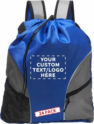 DISCOUNT PROMOS Custom Sporter Drawstring Backpacks Set of 24, Personalized Bulk Pack - Cinch Bag, Gym Bag, Travel Backpack, Compact and Lightweight, Unisex Backpack - Blue