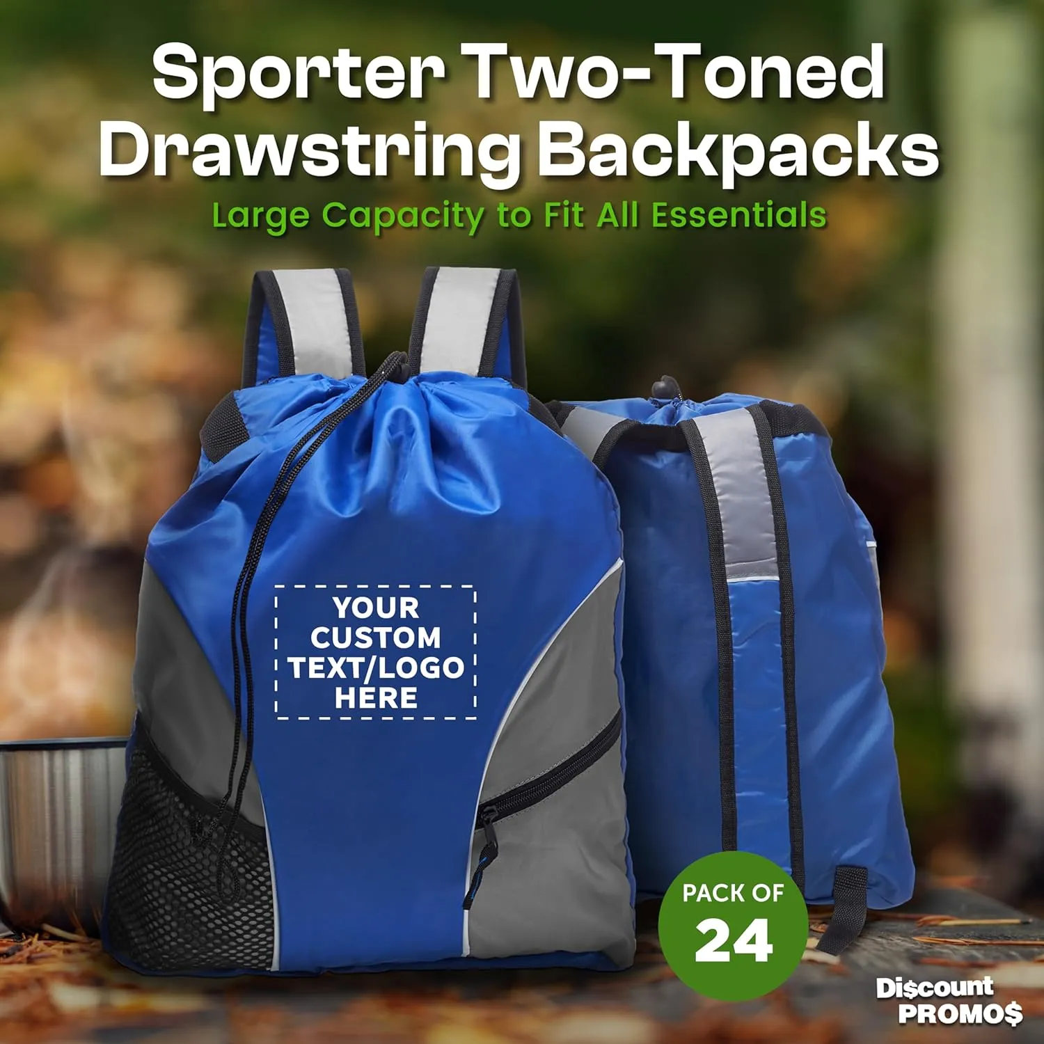 DISCOUNT PROMOS Custom Sporter Drawstring Backpacks Set of 24, Personalized Bulk Pack - Cinch Bag, Gym Bag, Travel Backpack, Compact and Lightweight, Unisex Backpack - Blue