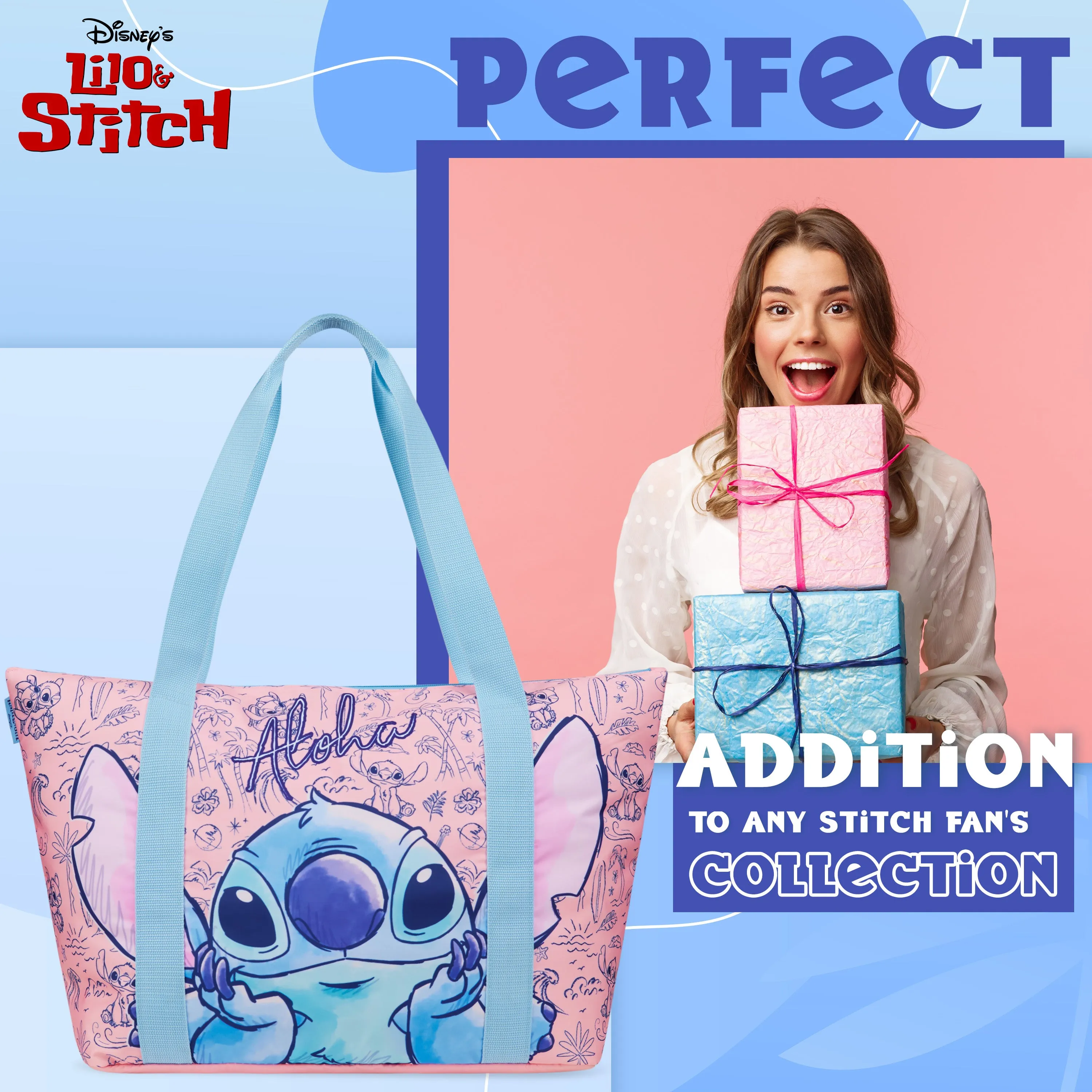 Disney Stitch Womens Tote Bag - Large Zipped Overnight or Beach Bag