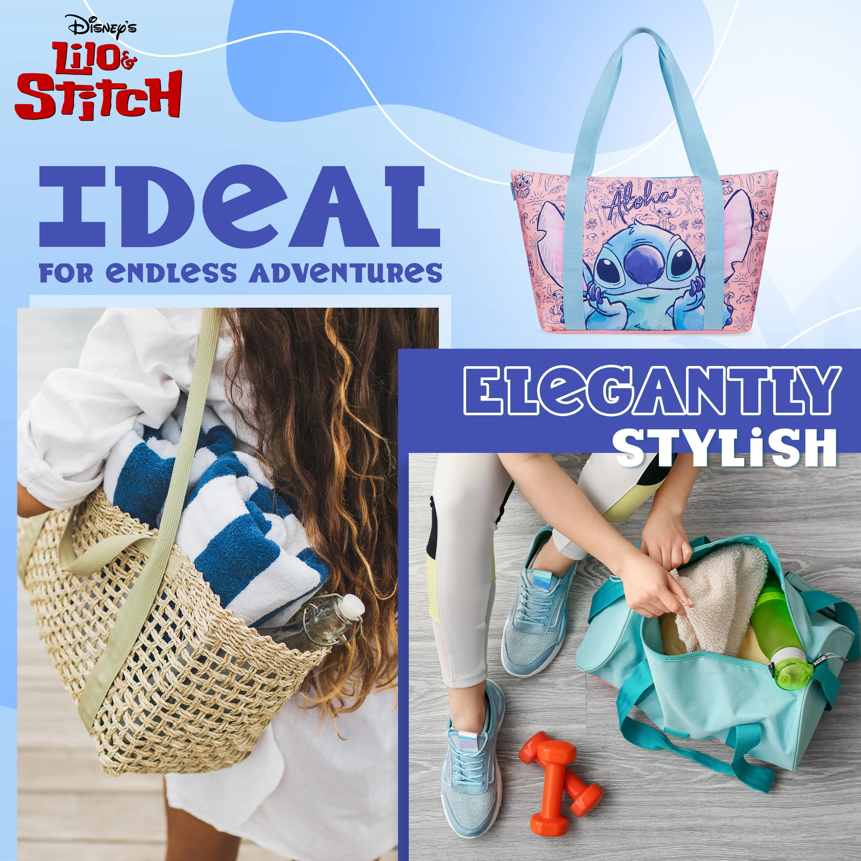 Disney Stitch Womens Tote Bag - Large Zipped Overnight or Beach Bag