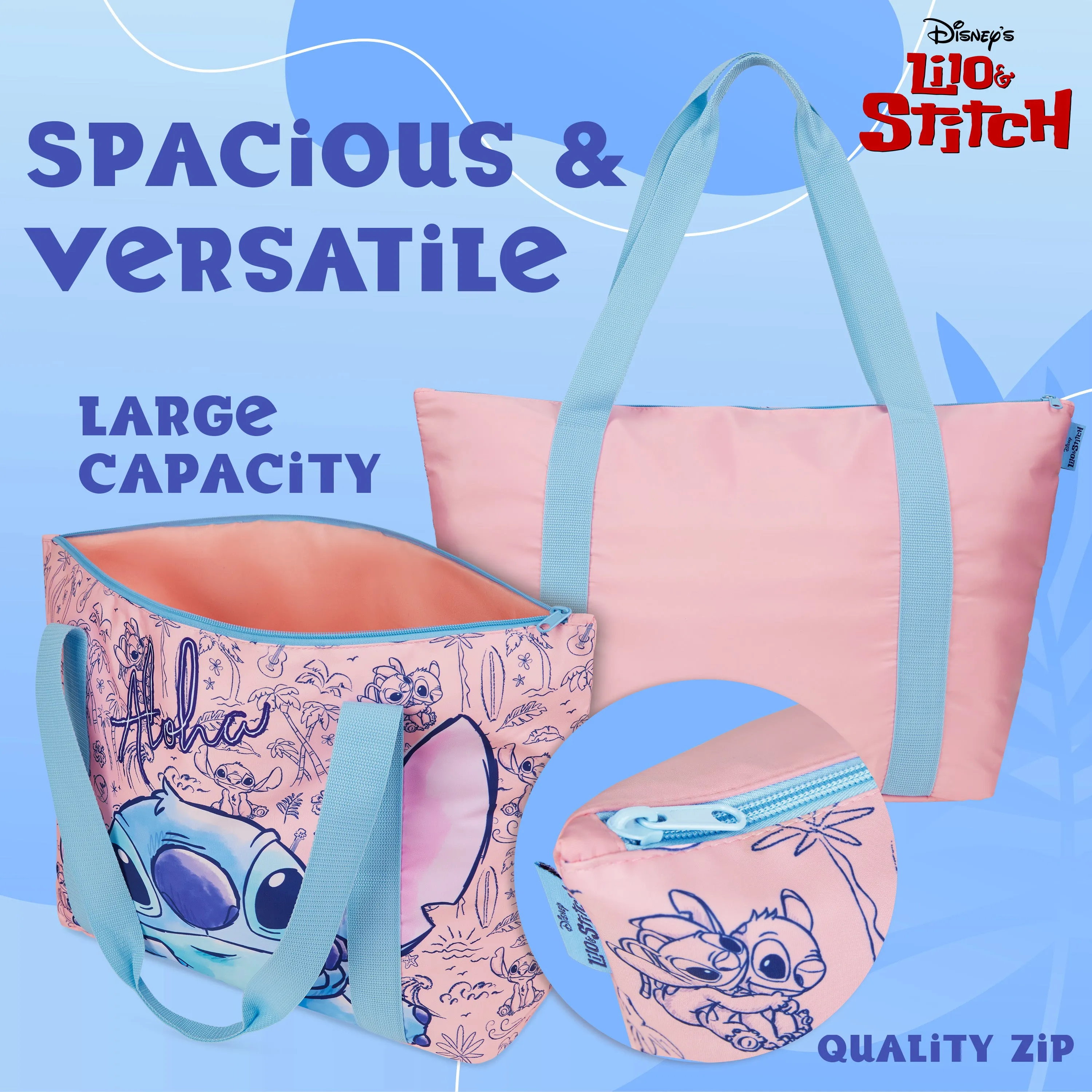 Disney Stitch Womens Tote Bag - Large Zipped Overnight or Beach Bag