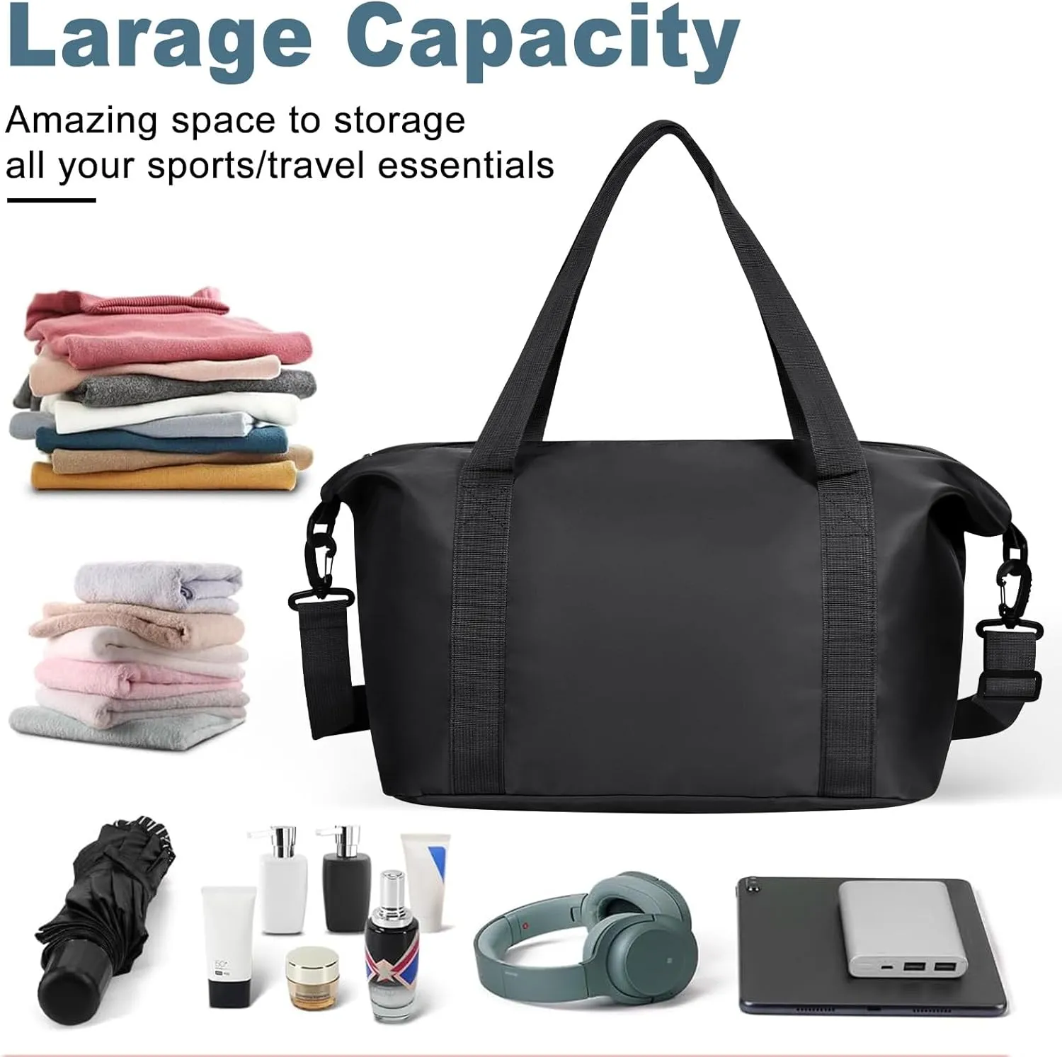 DMLuna Travel Duffel Bag, Tote Sports Gym Bag, Shoulder Overnight Weekender Bag for Women & Men, Hospital bag, Expandable Duffel Bag with Trolley Sleeve/Wet Pocket