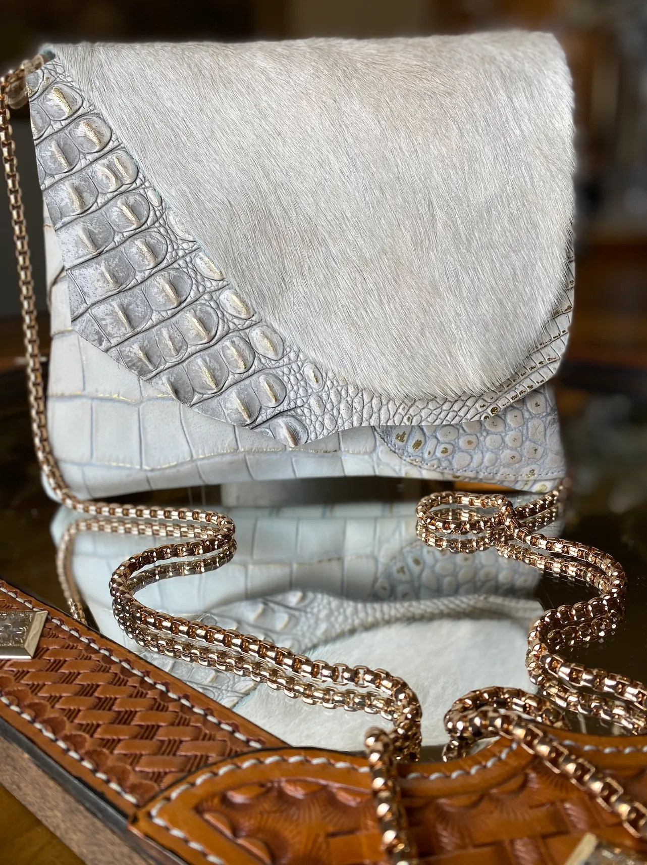Double Cowhide and Gator Flap With Gold and White Gator Body Crossbody
