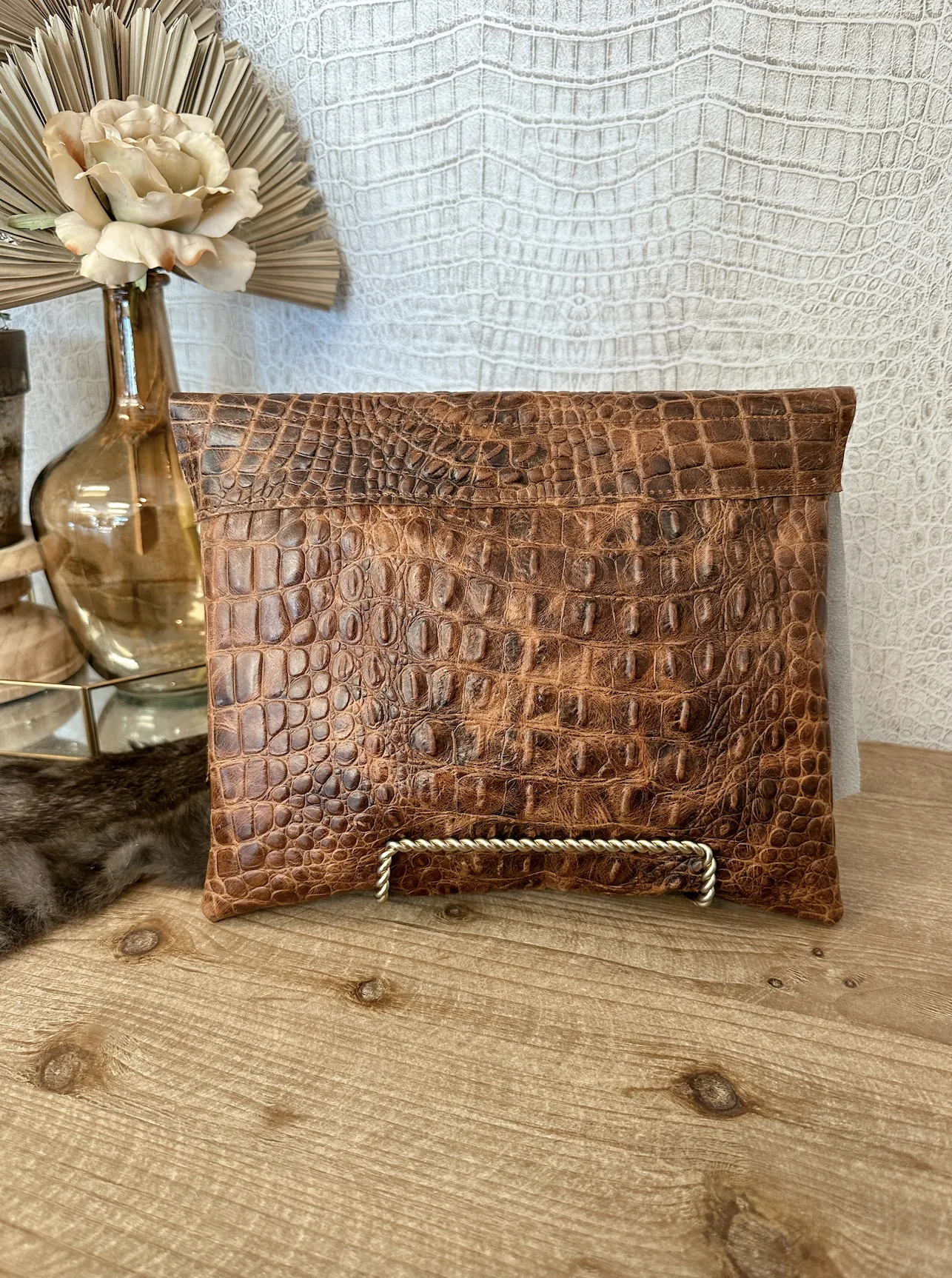 Double Flap Tan Croc with Brindle Hide Clutch/Crossbody