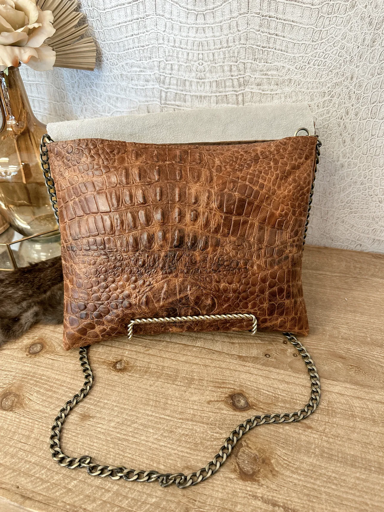 Double Flap Tan Croc with Brindle Hide Clutch/Crossbody