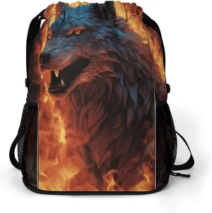 Drawstring Backpack for Women Wolf Surrounded by Fire Travel Backpack for Men Drawstring Bag Zipper Pocket Sport Bag