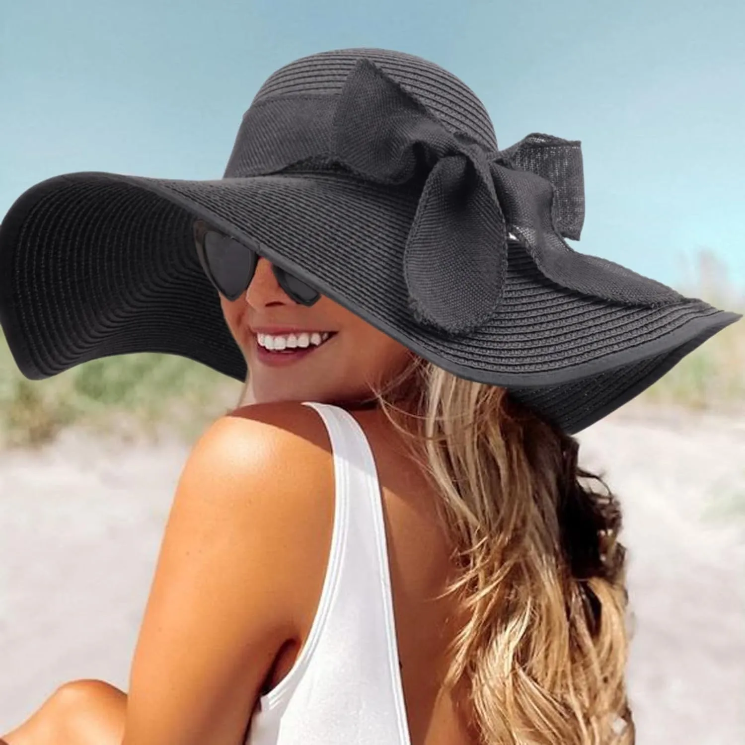 DRESHOW Beach Hats for Women Big Straw Wide Brim Summer Hat Floppy Foldable Roll up Cap Sun Hat UPF 50 