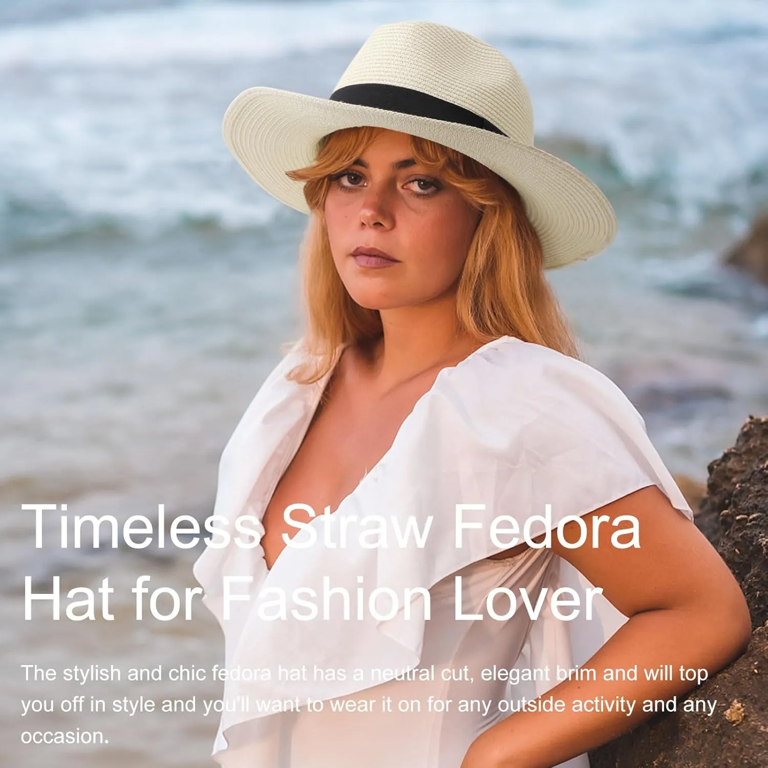 DRESHOW Women Straw Panama Hat Travel Fedora Beach Sun Hat Summer Wide Brim Straw Roll up Hat UPF 50 