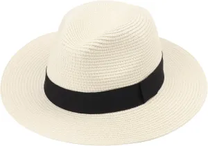 DRESHOW Women Straw Panama Hat Travel Fedora Beach Sun Hat Summer Wide Brim Straw Roll up Hat UPF 50 