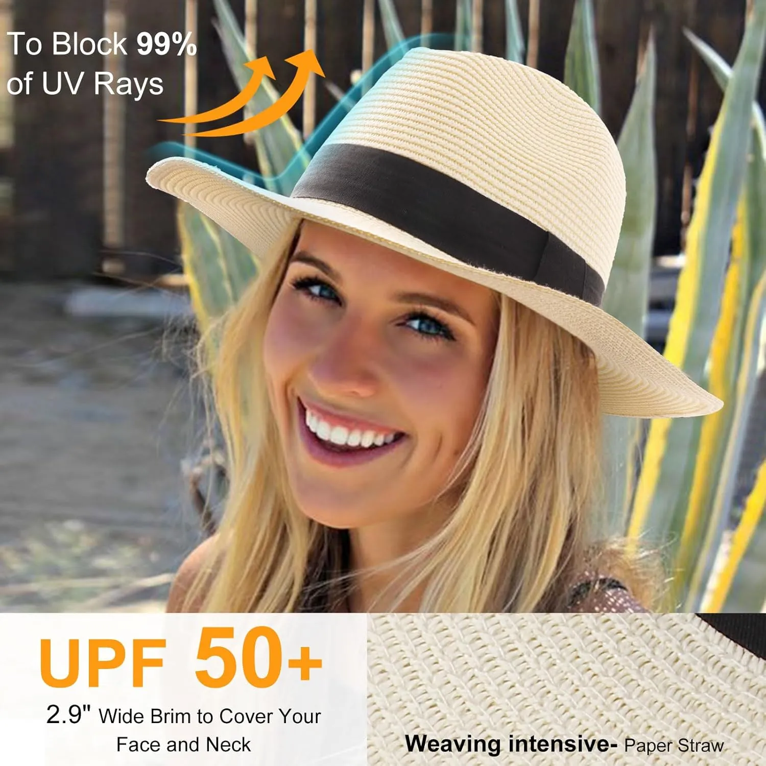 DRESHOW Women Straw Panama Hat Travel Fedora Beach Sun Hat Summer Wide Brim Straw Roll up Hat UPF 50 
