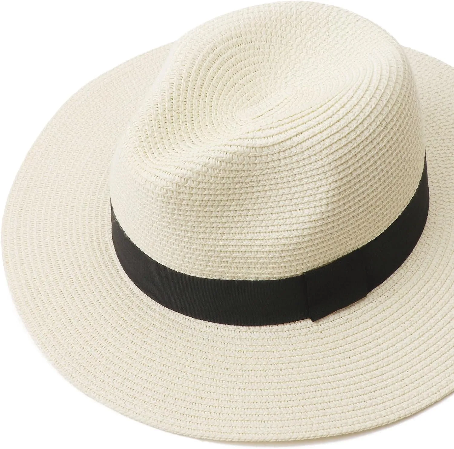 DRESHOW Women Straw Panama Hat Travel Fedora Beach Sun Hat Summer Wide Brim Straw Roll up Hat UPF 50 