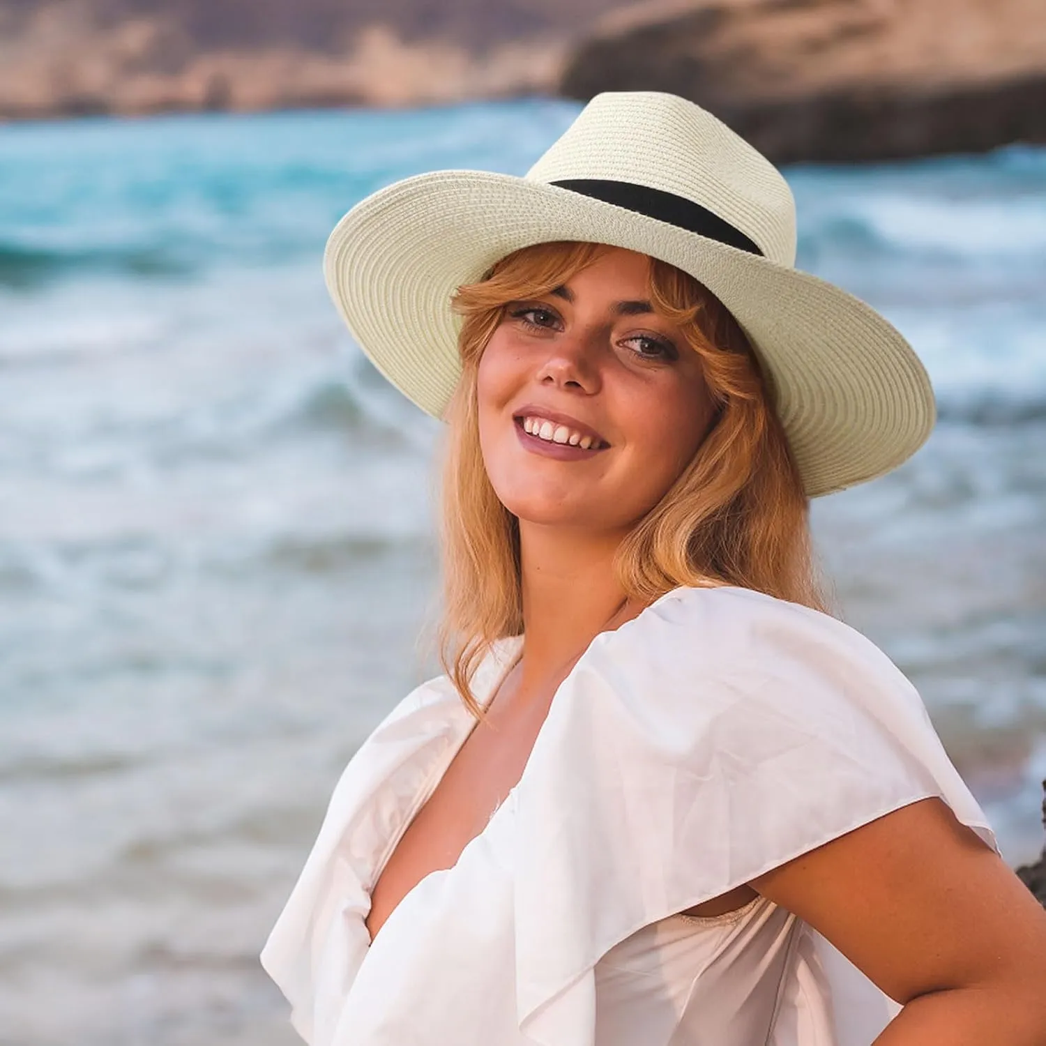 DRESHOW Women Straw Panama Hat Travel Fedora Beach Sun Hat Summer Wide Brim Straw Roll up Hat UPF 50 