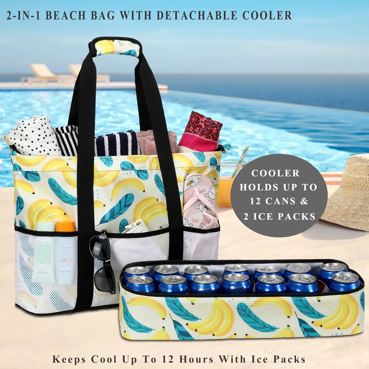 DSIUE Beach Bags with Cooler - Waterproof Sandproof Tote for Women - Large Pool Gym Travel Bag