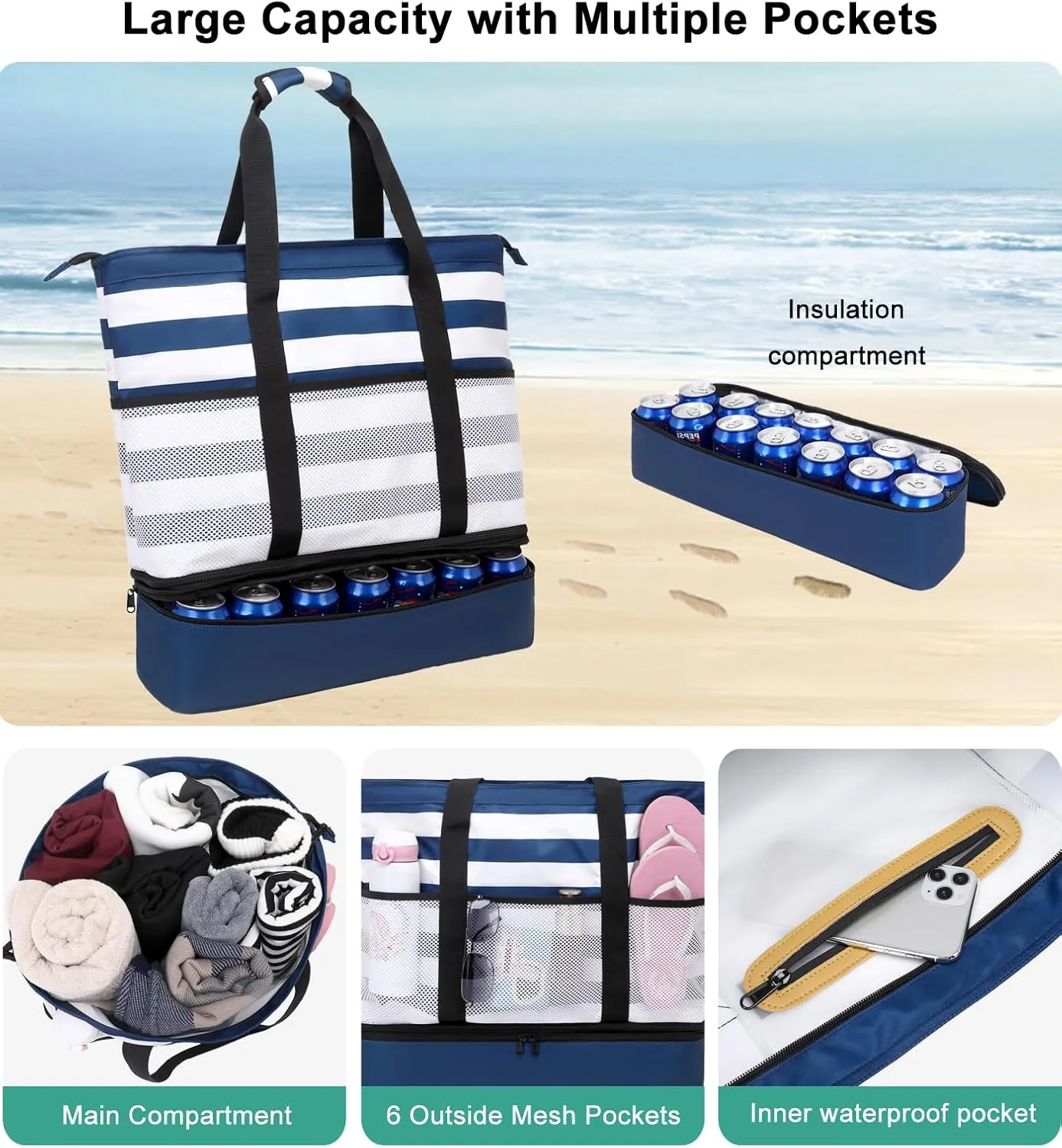DSIUE Beach Bags with Cooler - Waterproof Sandproof Tote for Women - Large Pool Gym Travel Bag