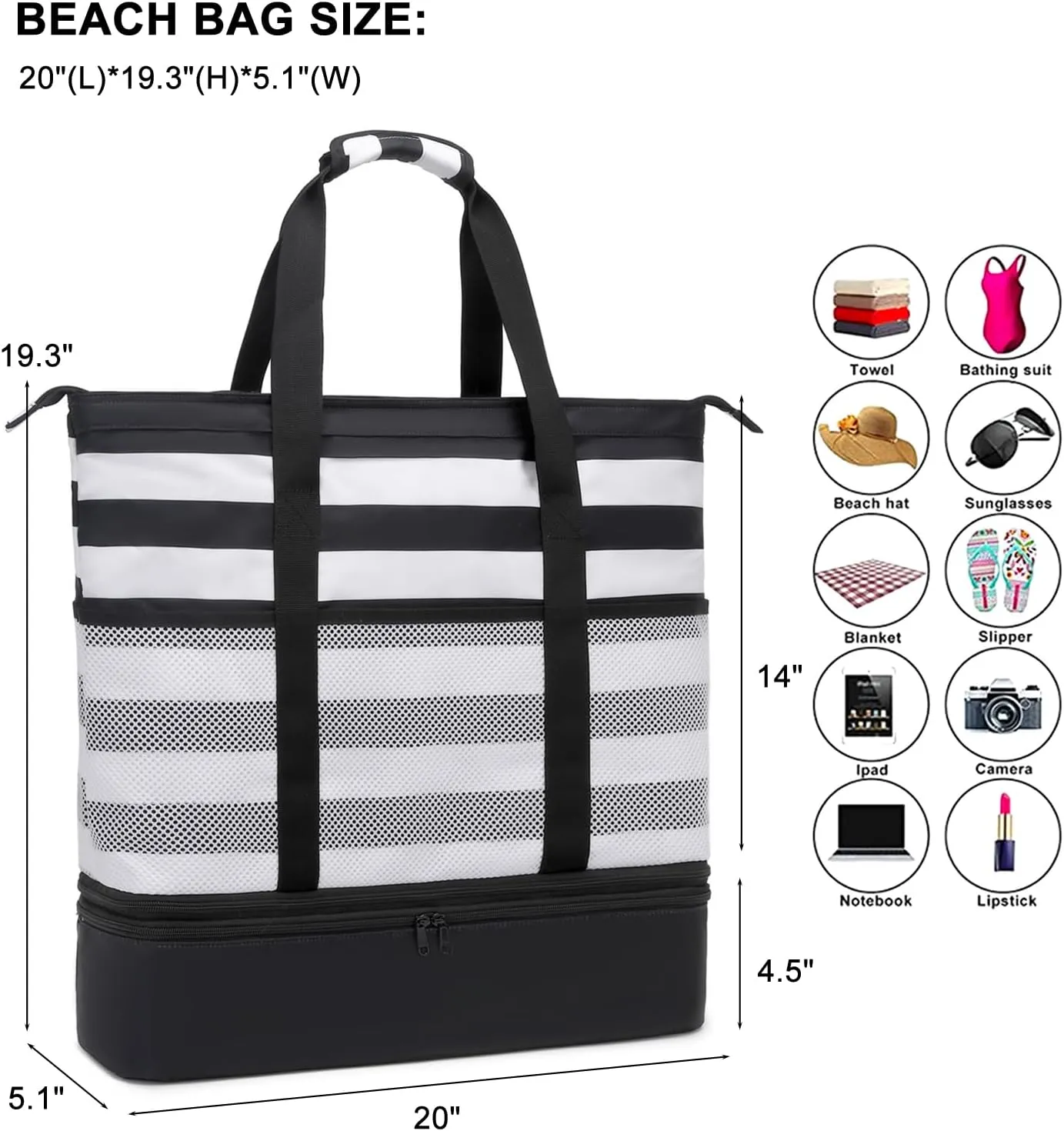 DSIUE Beach Bags with Cooler - Waterproof Sandproof Tote for Women - Large Pool Gym Travel Bag