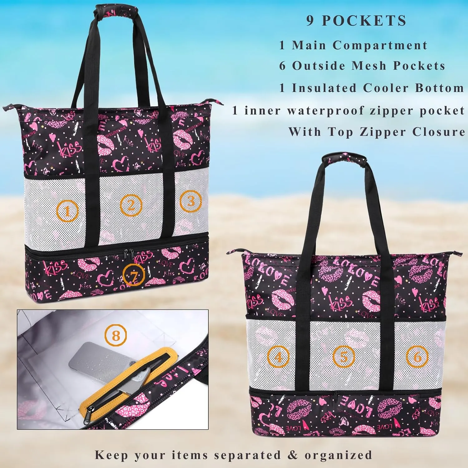 DSIUE Beach Bags with Cooler - Waterproof Sandproof Tote for Women - Large Pool Gym Travel Bag