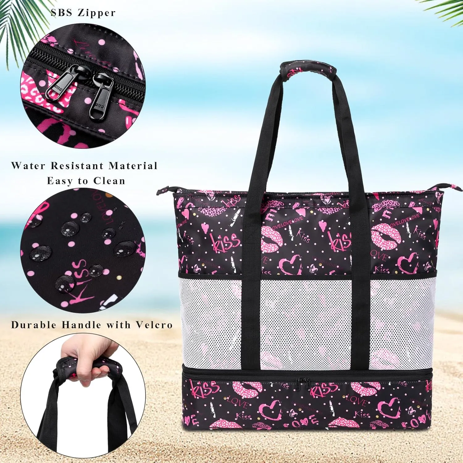 DSIUE Beach Bags with Cooler - Waterproof Sandproof Tote for Women - Large Pool Gym Travel Bag