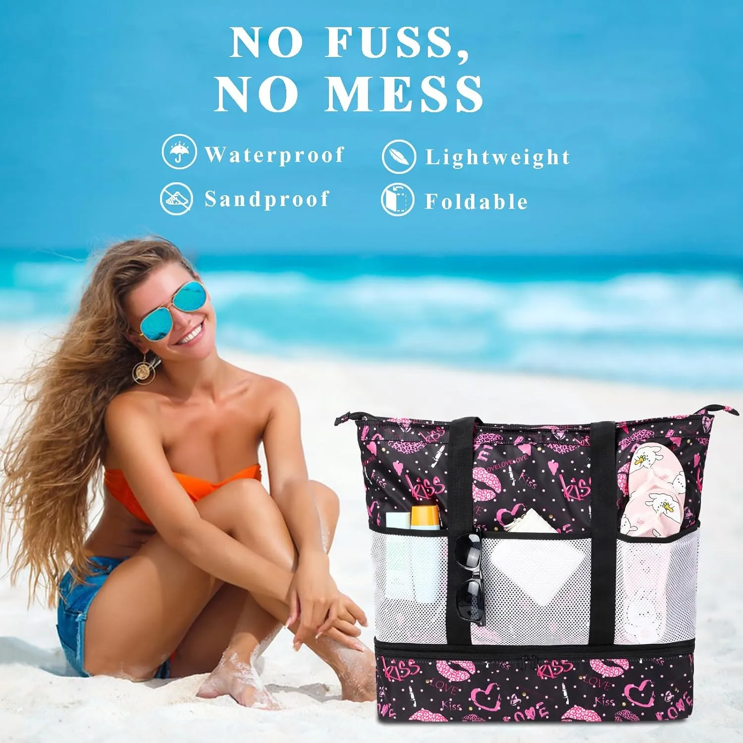 DSIUE Beach Bags with Cooler - Waterproof Sandproof Tote for Women - Large Pool Gym Travel Bag