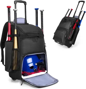DSLEAF Rolling Baseball Backpack for 4 Bats, Wheeled Softball Equipment Bag with Separate Shoe Space and Multiple Pockets for Baseball Gear, Fence Hook and Detachable Straps for Easy Carry