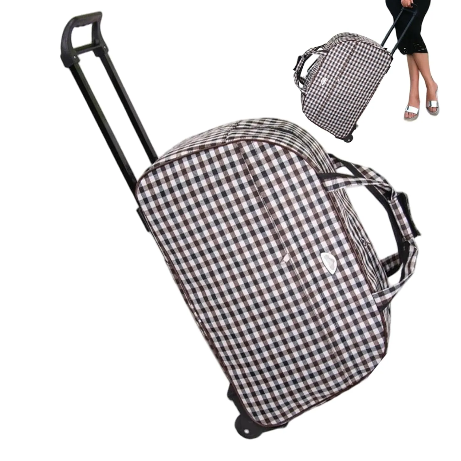 Duffel Bag with Wheels 20.5x12.6x9.5" Checkered Waterproof Rolling Duffel Bag with Tote & Telescopic Pull Handle for Travel, Gym