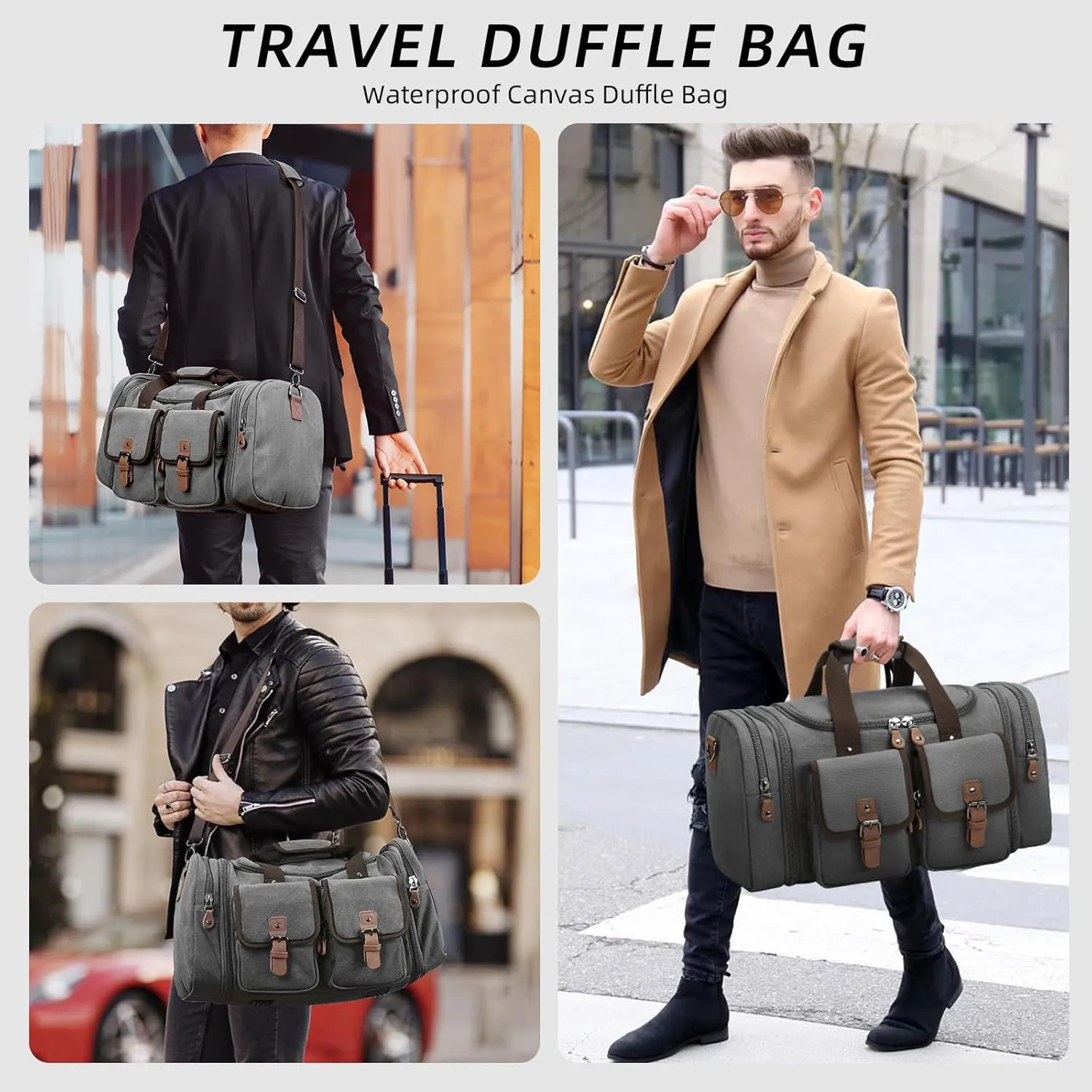 Duffle Bag for Travel, Expandable Waterproof Overnight Weekender Gym Carry On Bag 50L Canvas Duffel Bags with Suitcase Handle Sleeve for Men Women(Dark Grey)