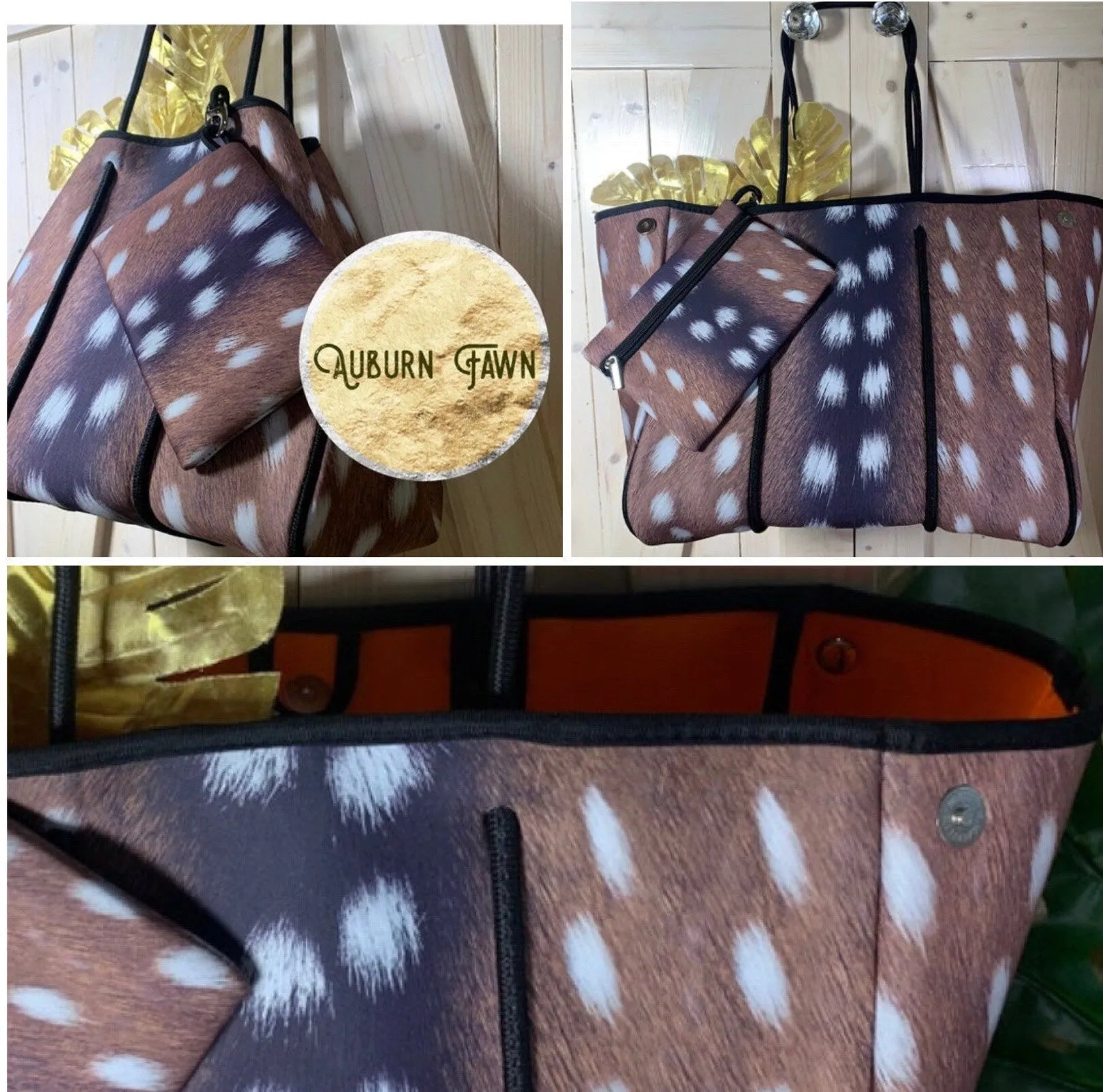 DUO 2-in-1 neoprene Tote Set Auburn Fawn brown deer   Amber Embers bronze   rouged amber   4 pouches ( mom baby swim / his her honeymoon )